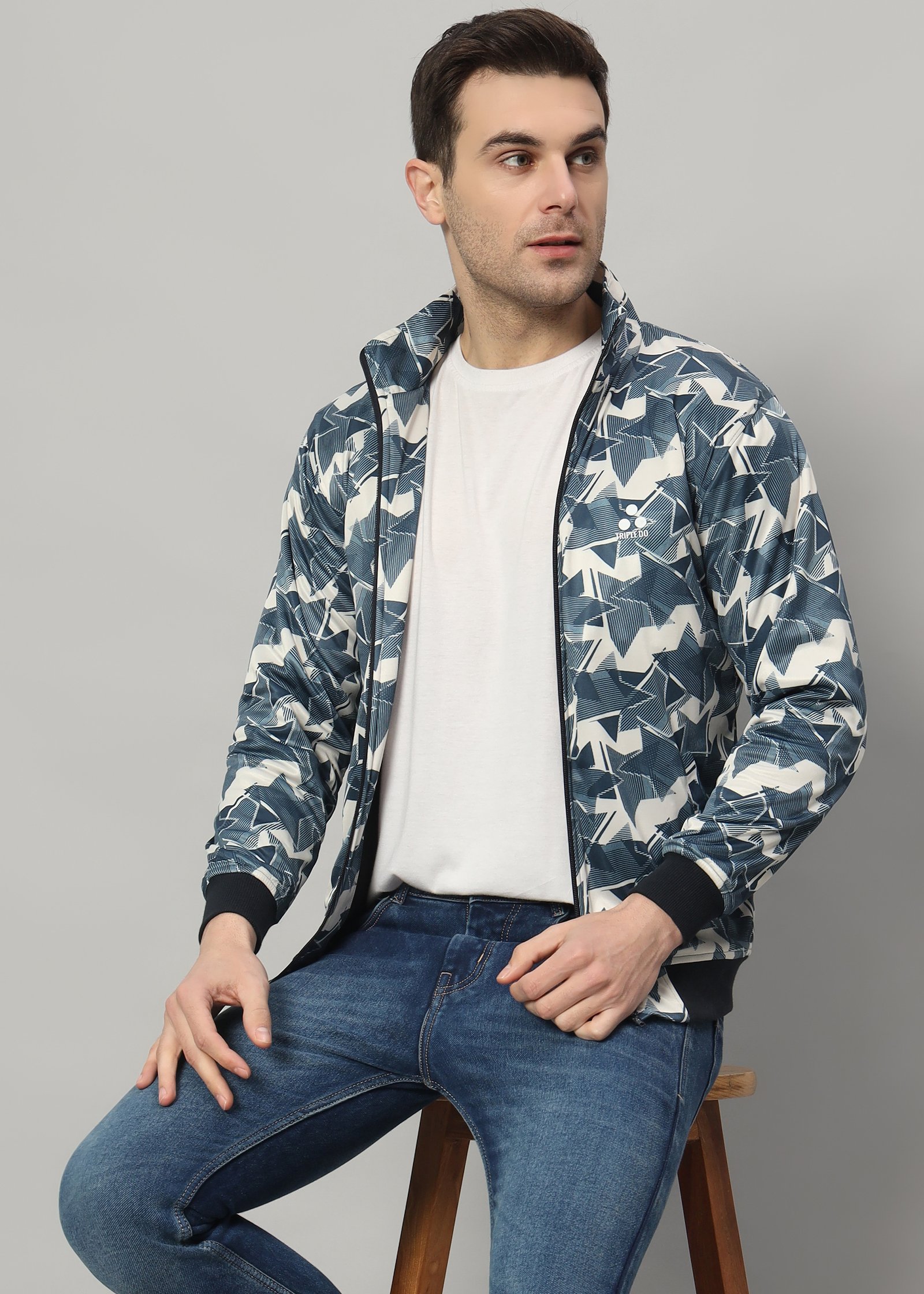 Triple Dot men blue and white geometric print polyester full-zip jacket with stand collar
