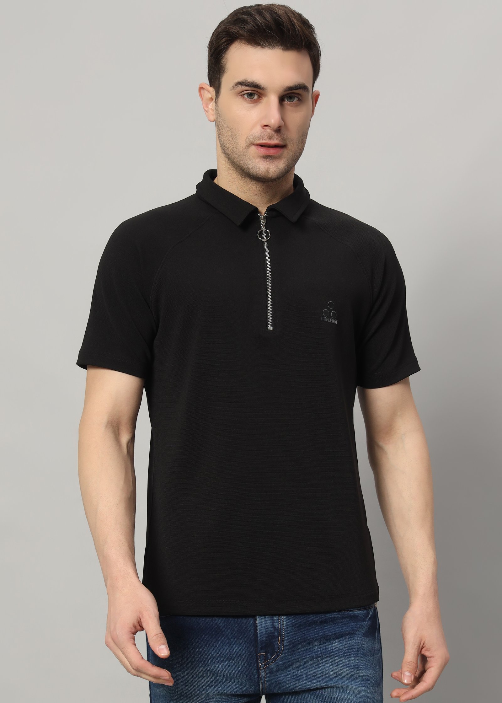 Mens black zipper polo shirt, half sleeve polyester polo, casual black top