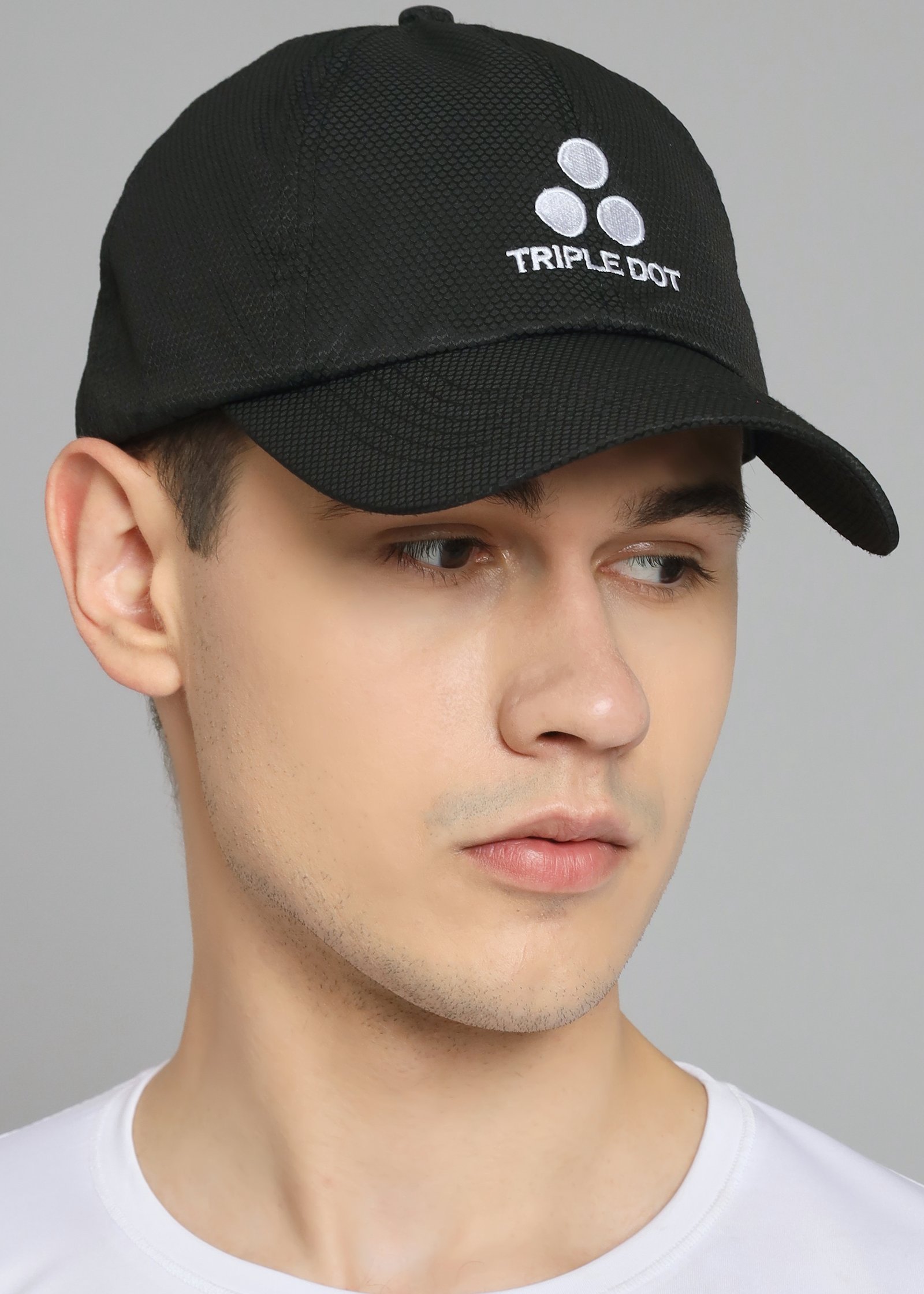 Mens black polyester cap, branded sports hat, Triple Dot logo cap