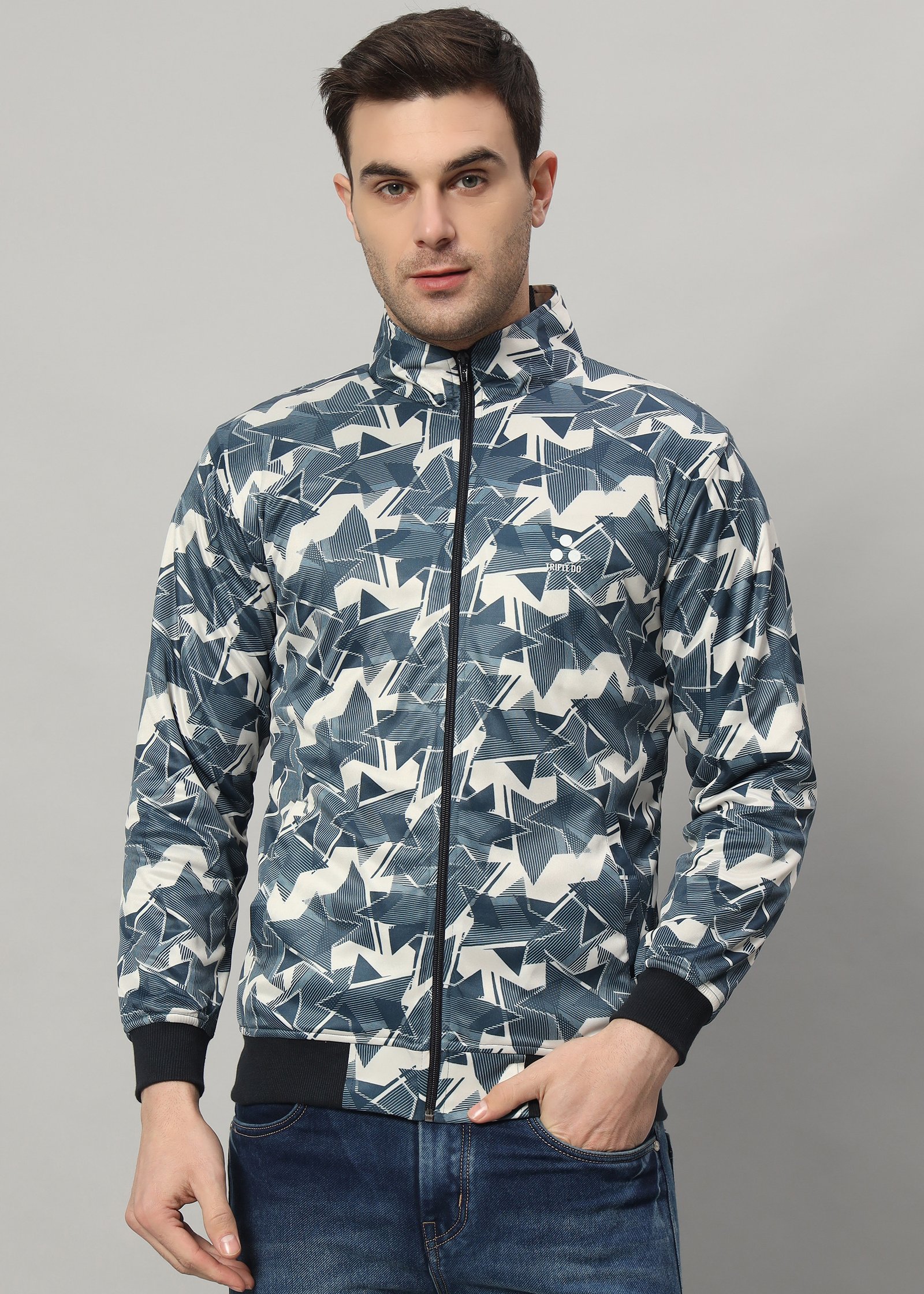 Triple Dot Men's Geometric Print Full-Zip Stand Collar Jacket