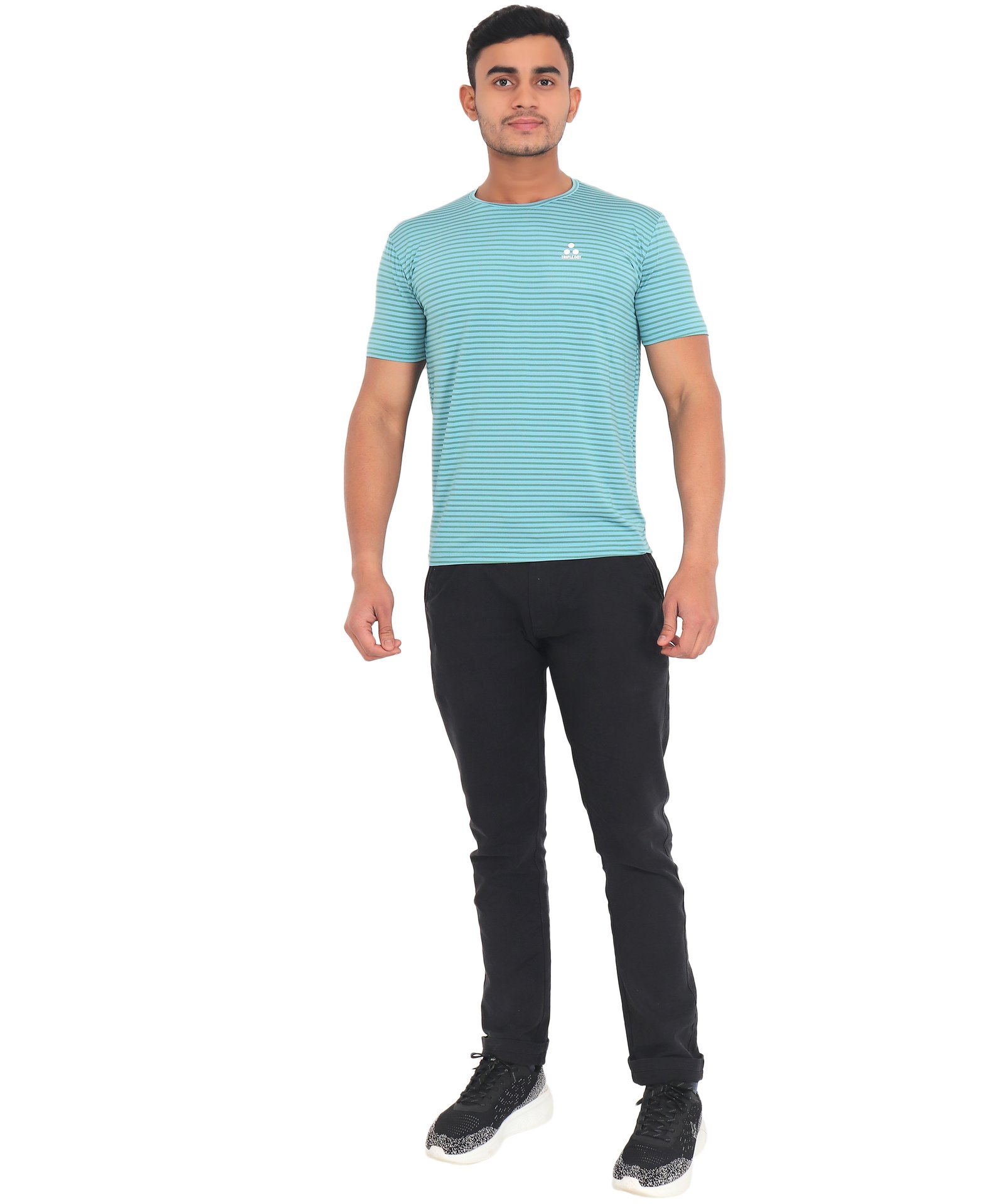 Sky Blue Striped Polyester T-Shirt
