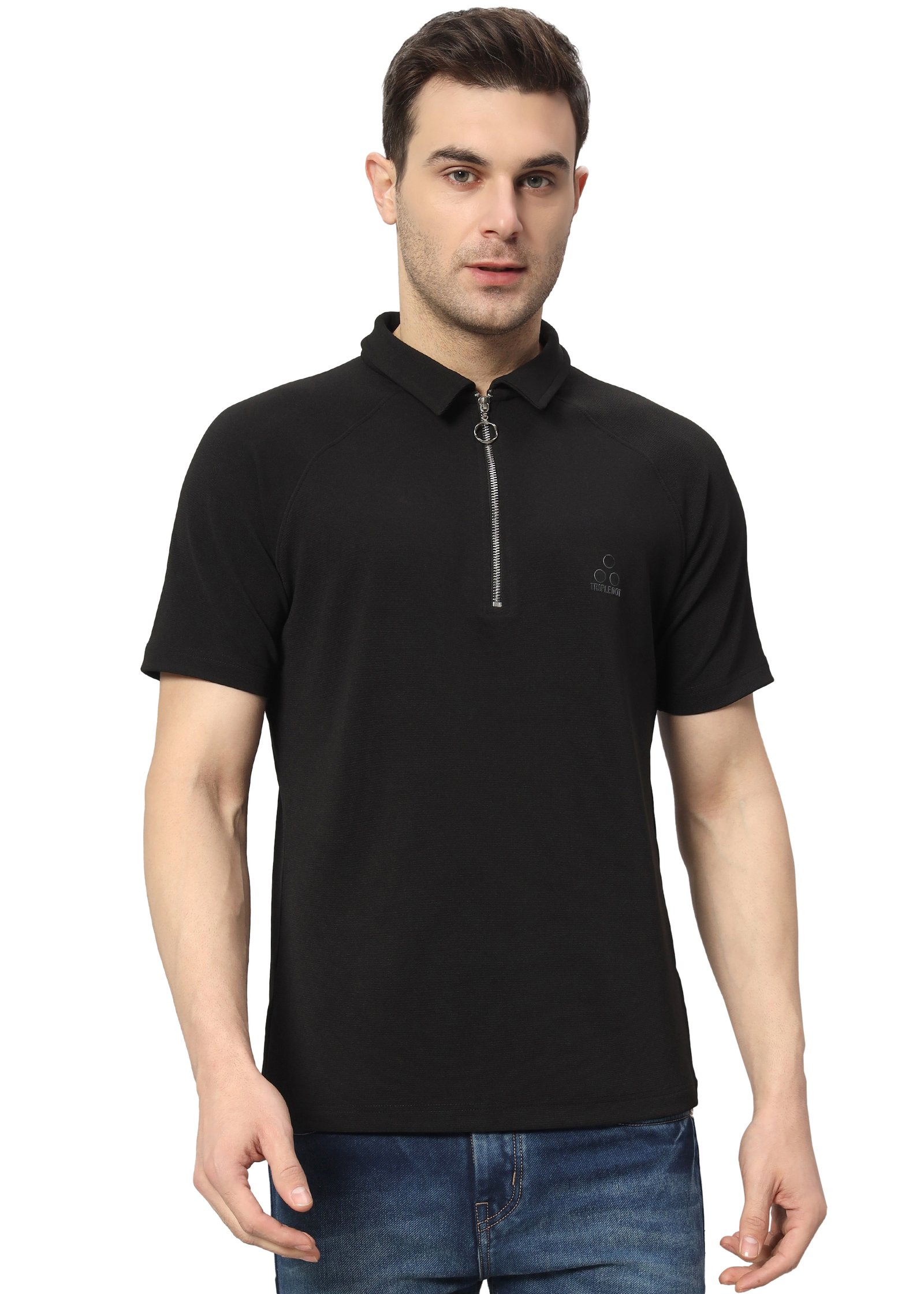 Black Polyester Zipper Polo T-Shirt