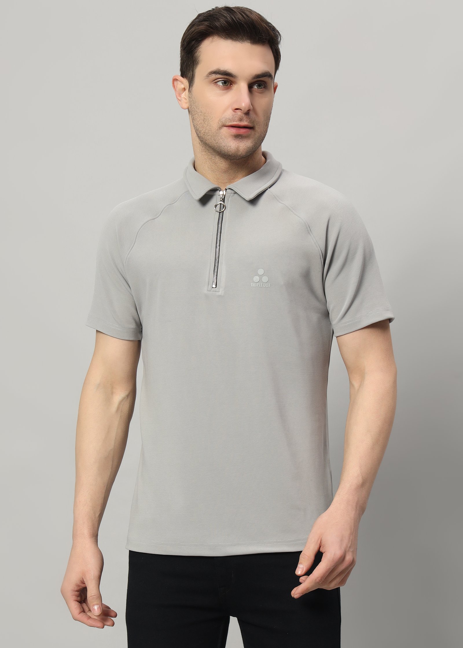 Grey Polyester Half-Zip Polo T-Shirt