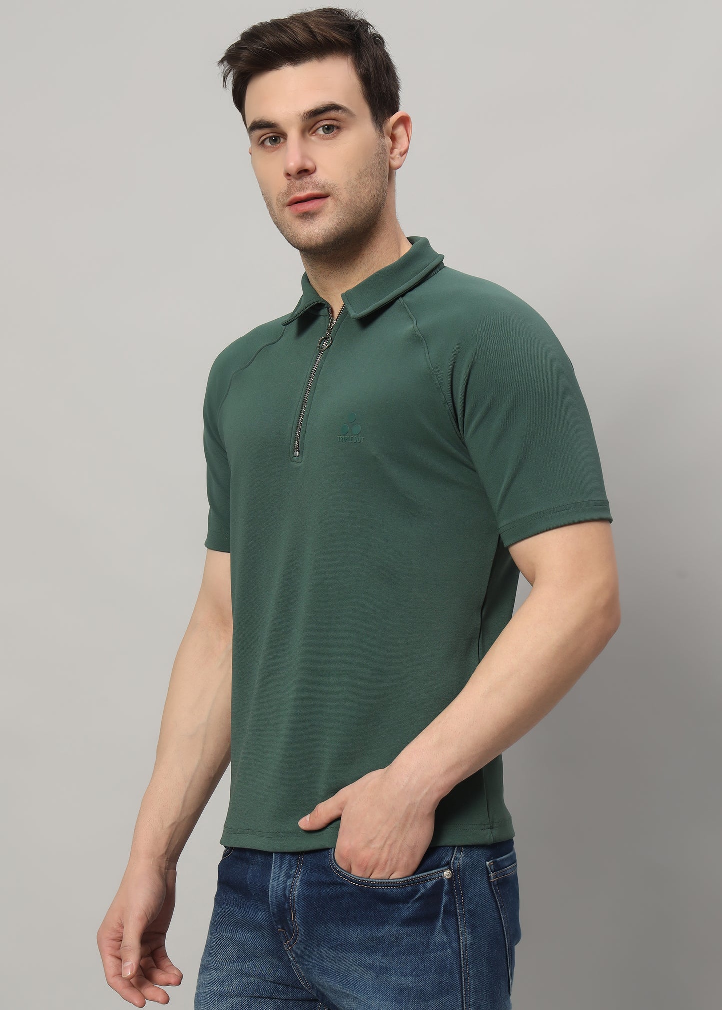 Olive Green Zipper Polo T Shirt