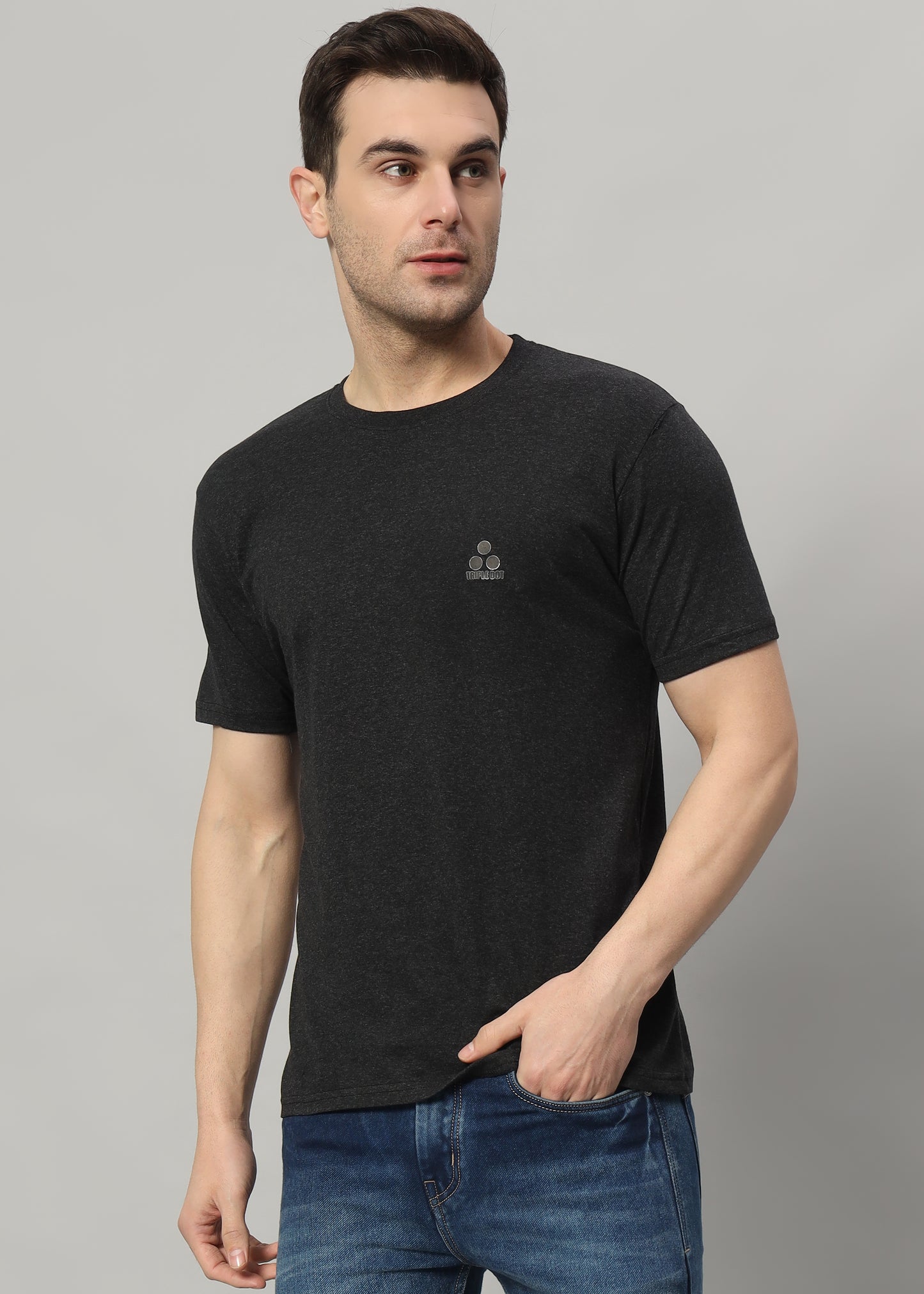 Men's Black Round Neck Solid T-Shirt Triple dot