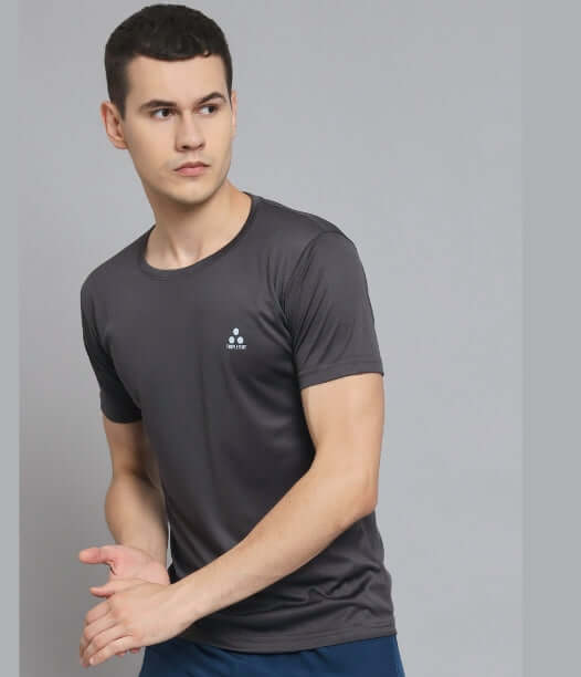 "front view of men's solid sports running T-shirt charcoal grey"