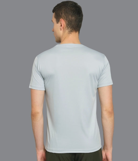 "Detailed view of the stitching and collar of a gray men's sport t-shirt."