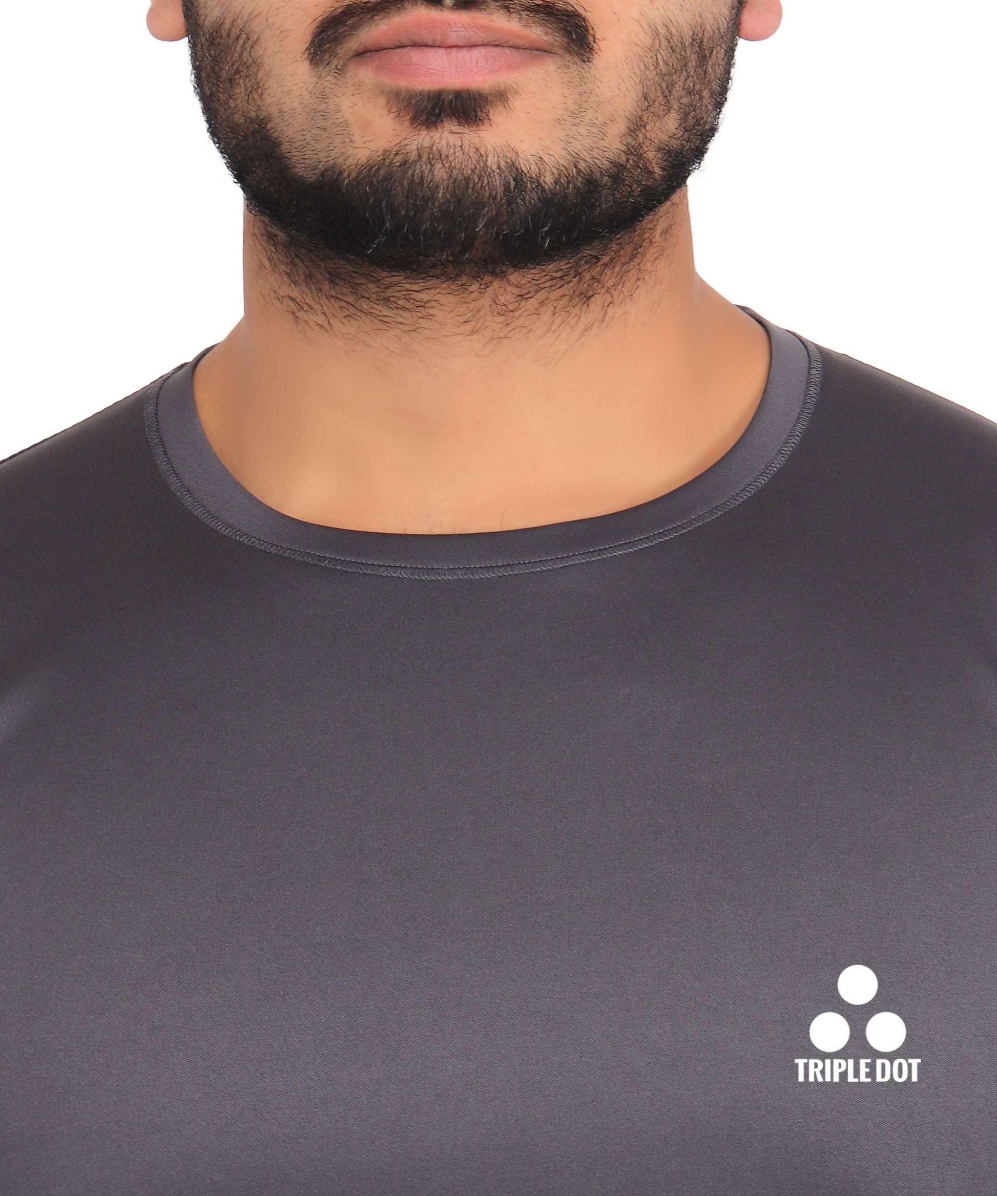 Triple Dot Dark Grey Polyester Round Neck Sport T shirt for Men