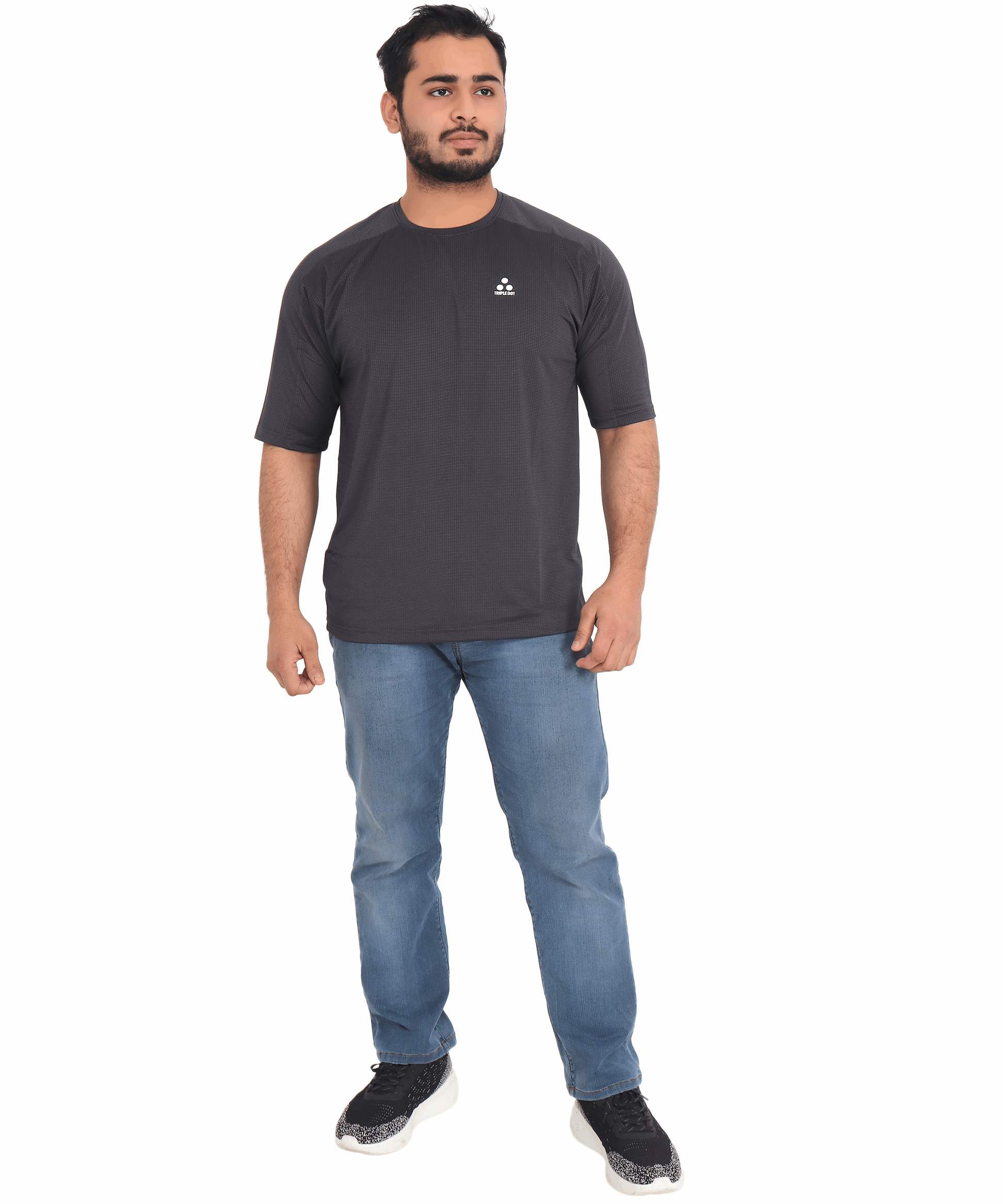 Triple Dot Dark Grey Dri Fit Polyester Drop Shoulder Sports T shirt for Men