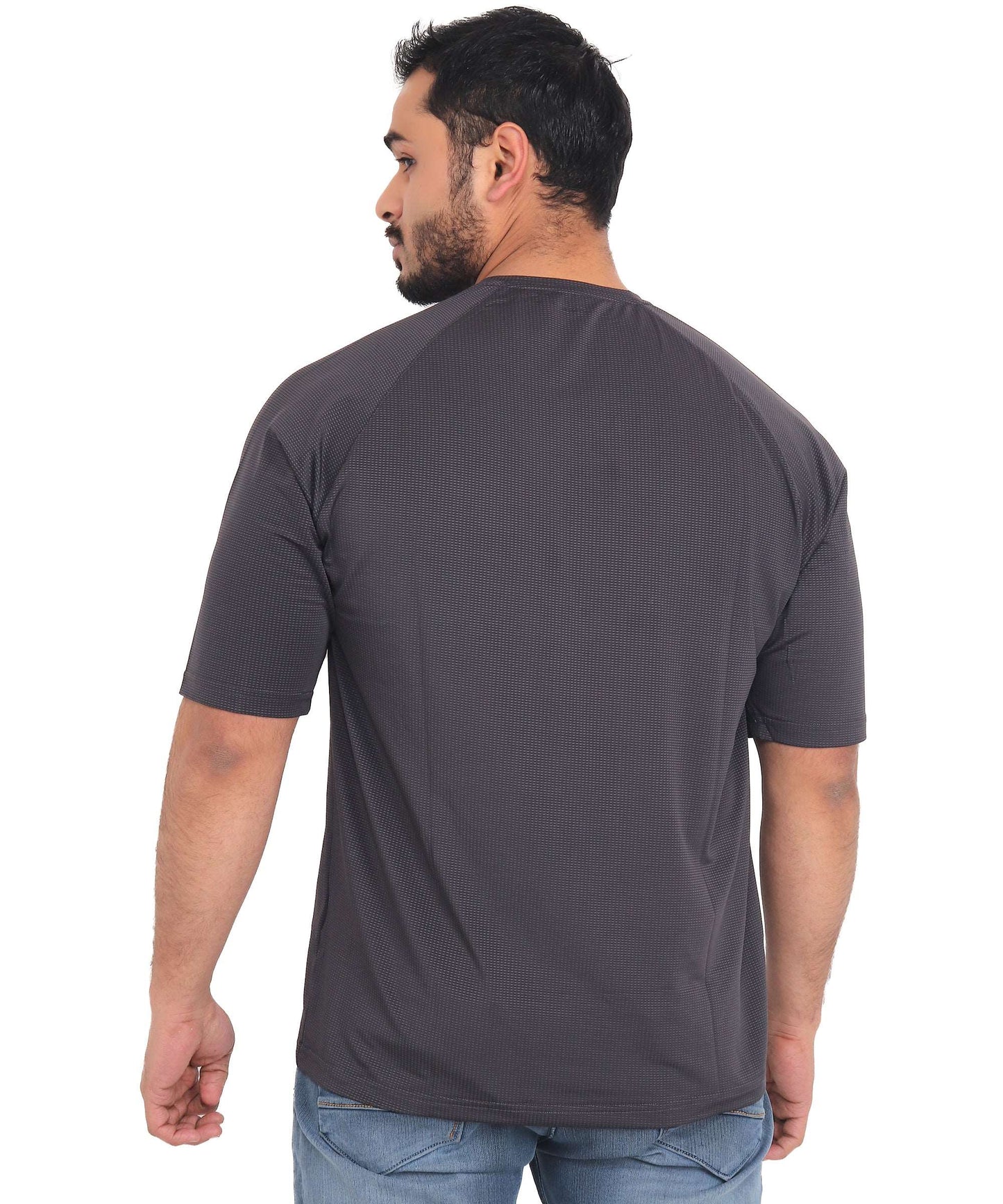 Triple Dot Dark Grey Dri Fit Polyester Drop Shoulder Sports T shirt for Men
