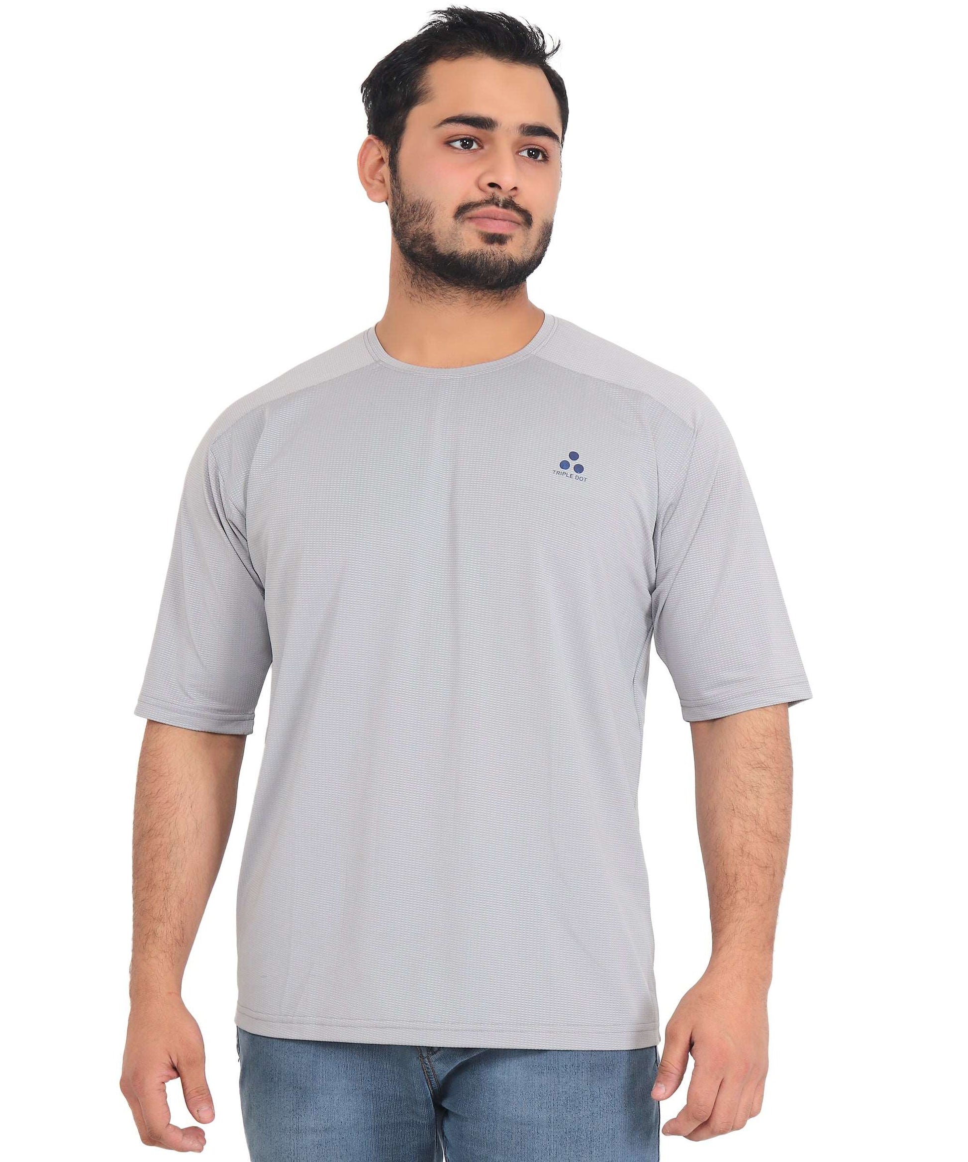 Triple Dot Light Grey Dri Fit Polyester Drop Shoulder Sports T shirt for Men