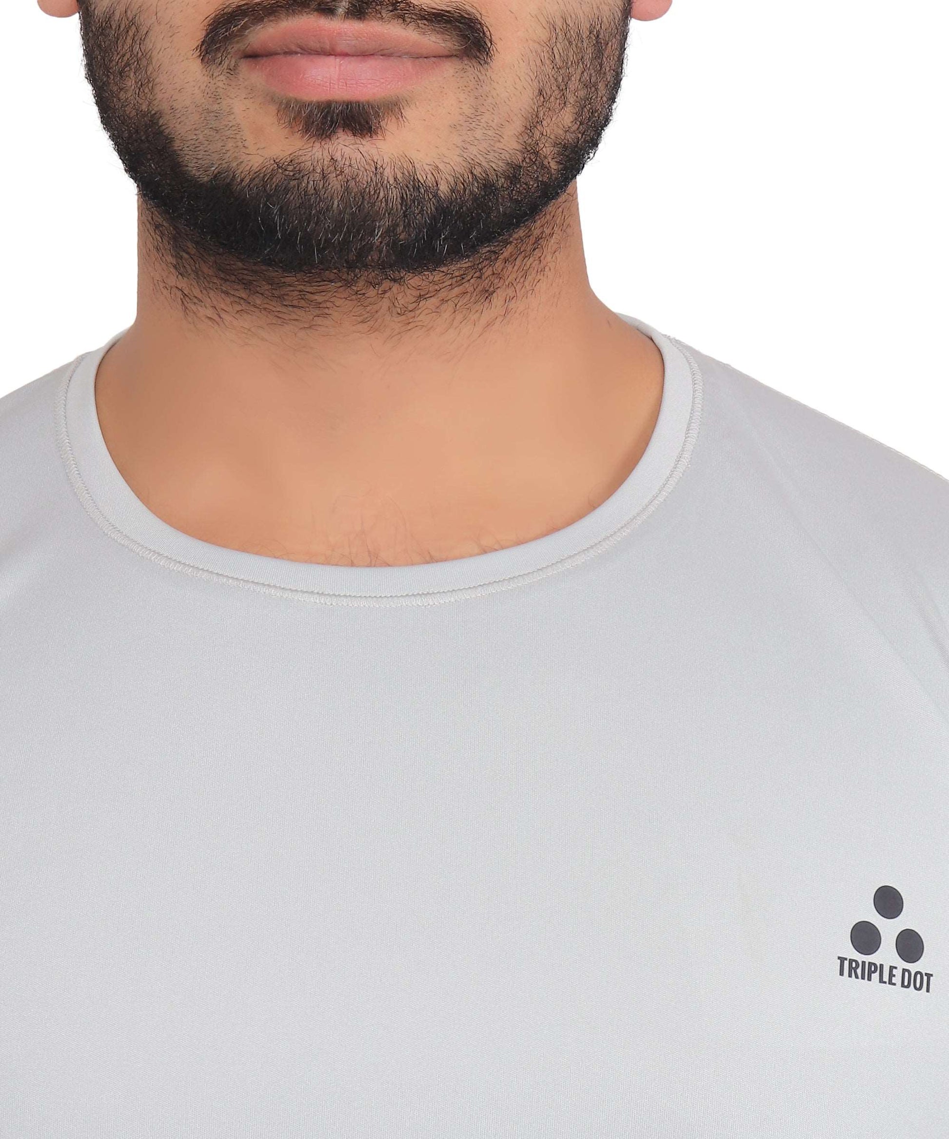Triple Dot Light Grey Polyester Round Neck Sport T shirt for Men