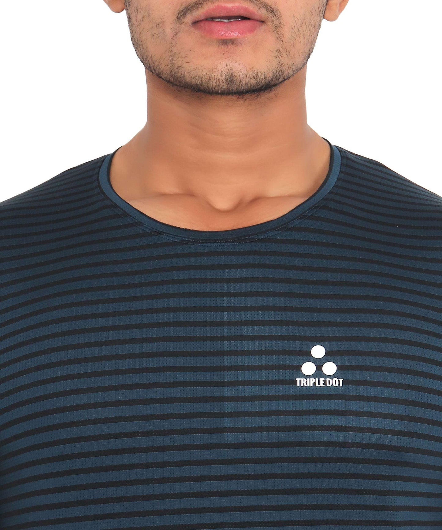 Triple Dot Navy Blue Strip Pattern Dri Fit Polyester T shirt for Men