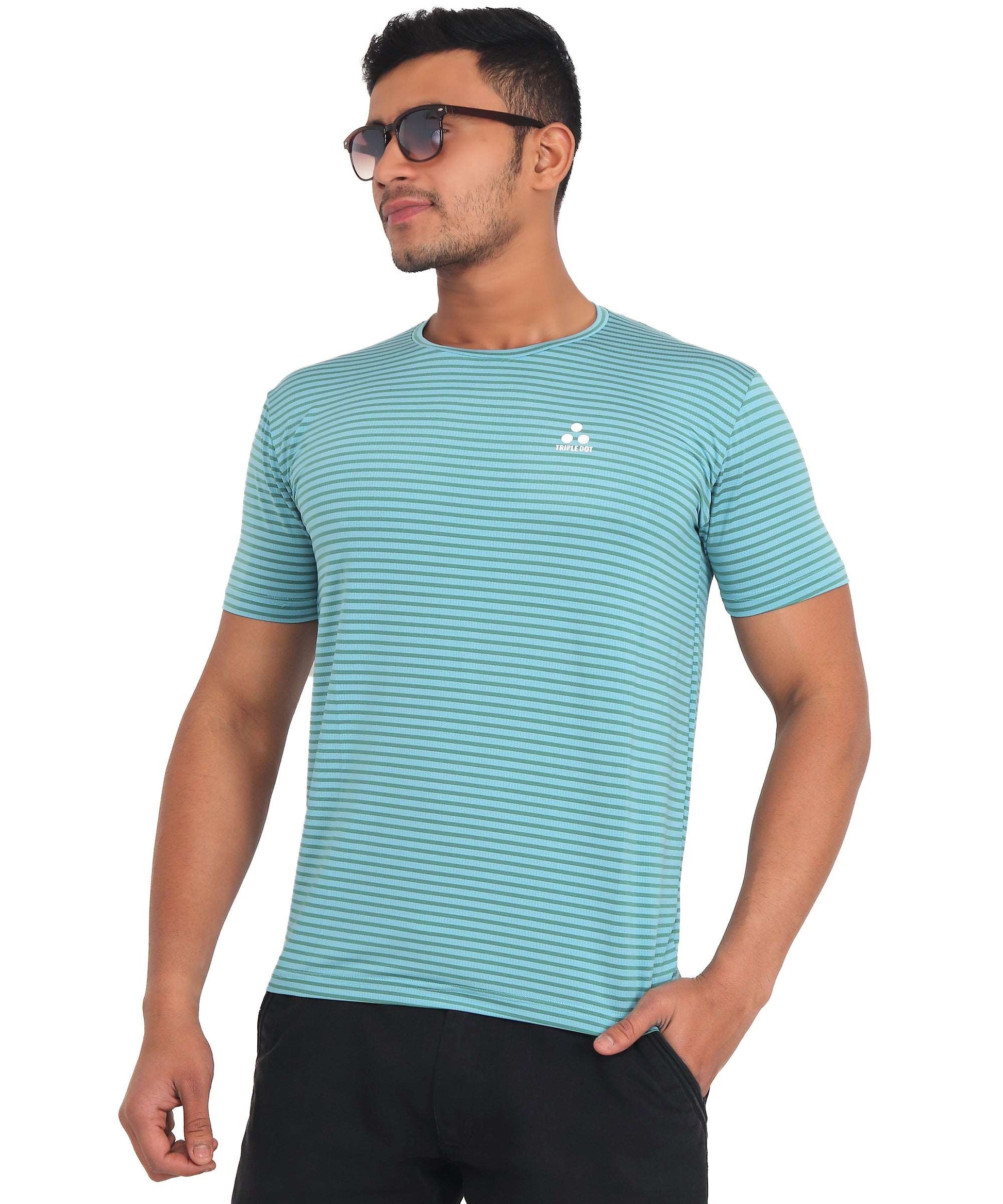 Triple Dot Sky Blue Strip Pattern Dri Fit Polyester T shirt for Men