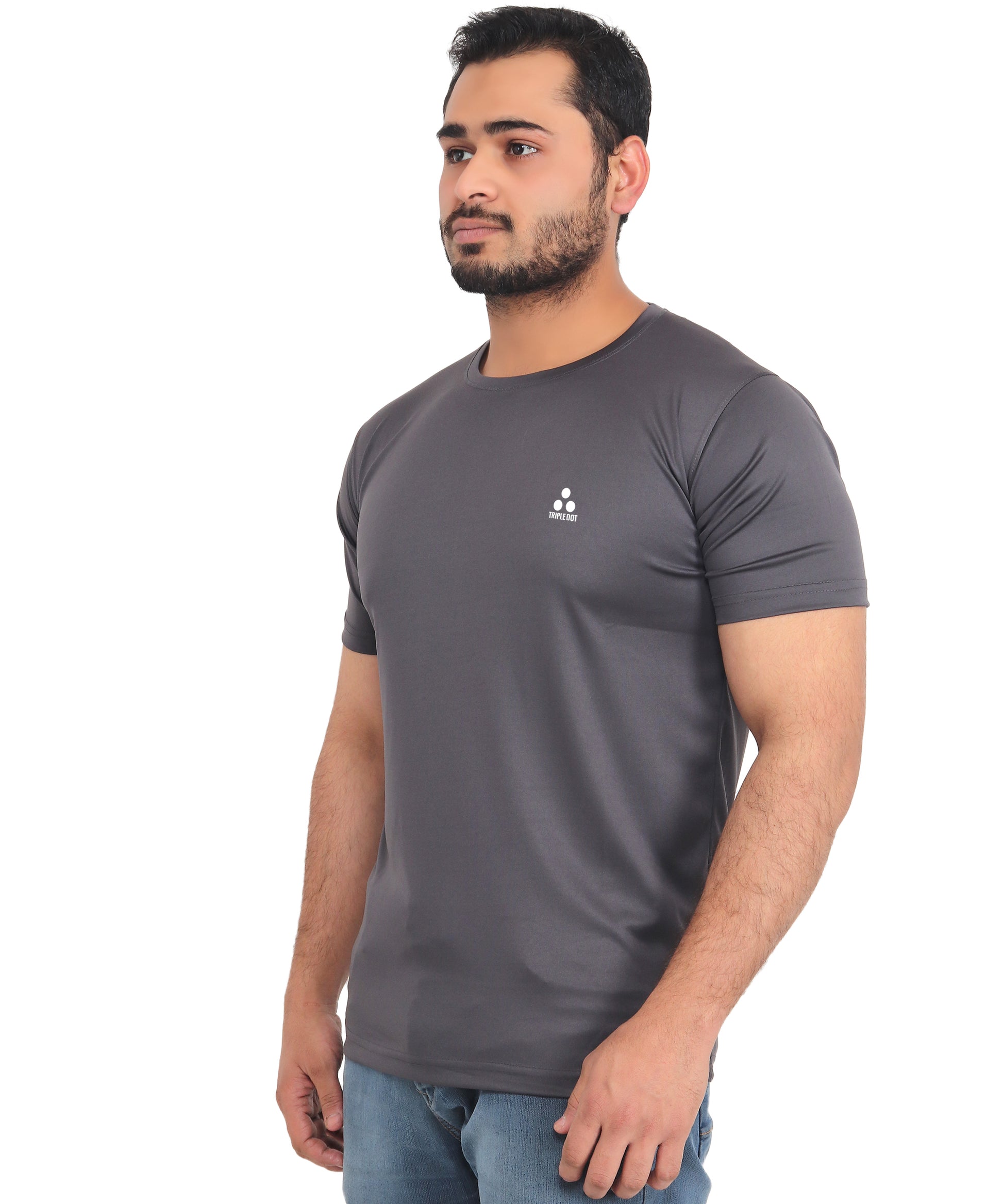 Triple Dot Dark Grey Polyester Round Neck Sport T shirt for Men - Triple Dot Clothings