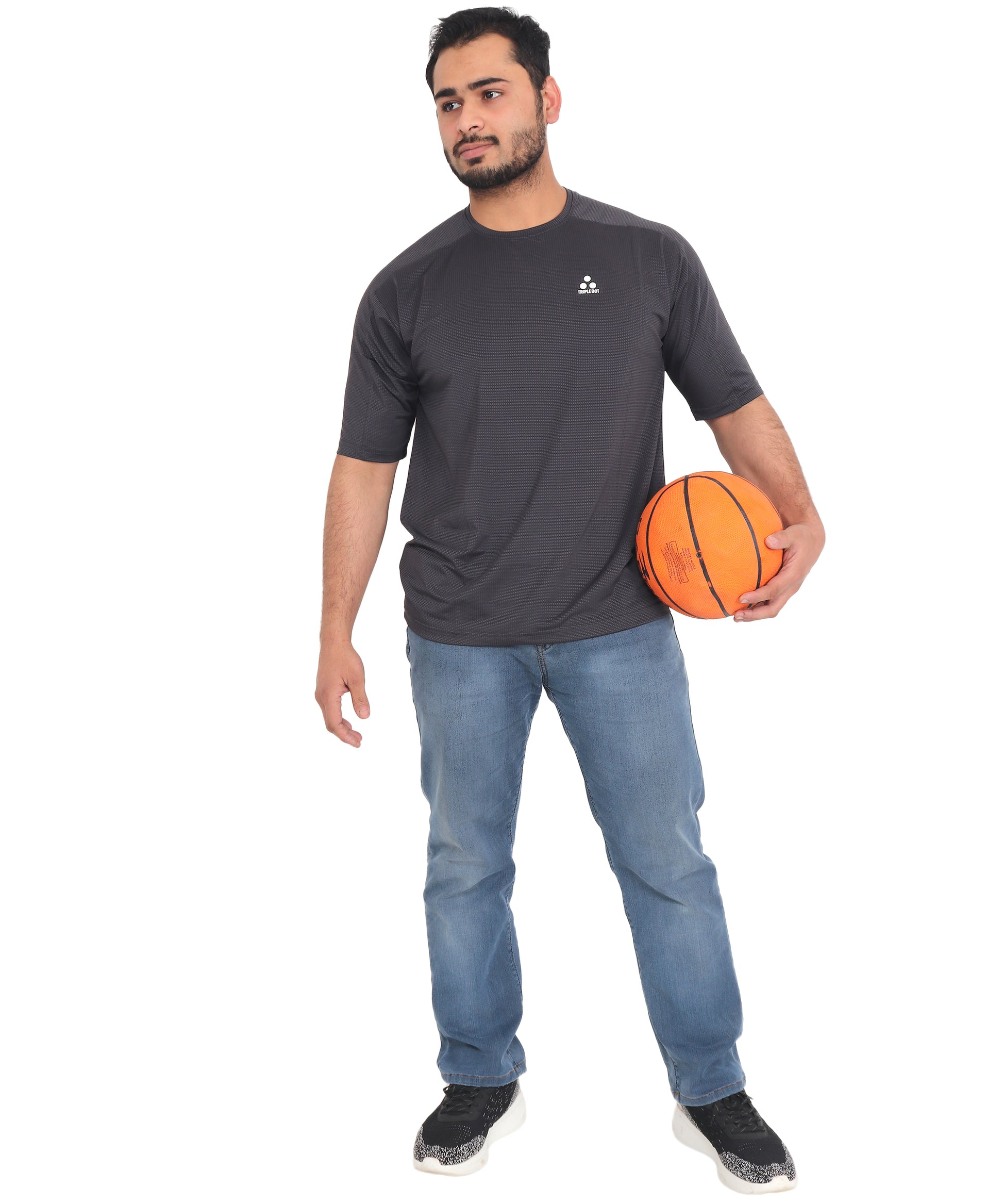 Triple Dot Dark Grey Dri Fit Polyester Drop Shoulder Sports T shirt for Men - Triple Dot Clothings