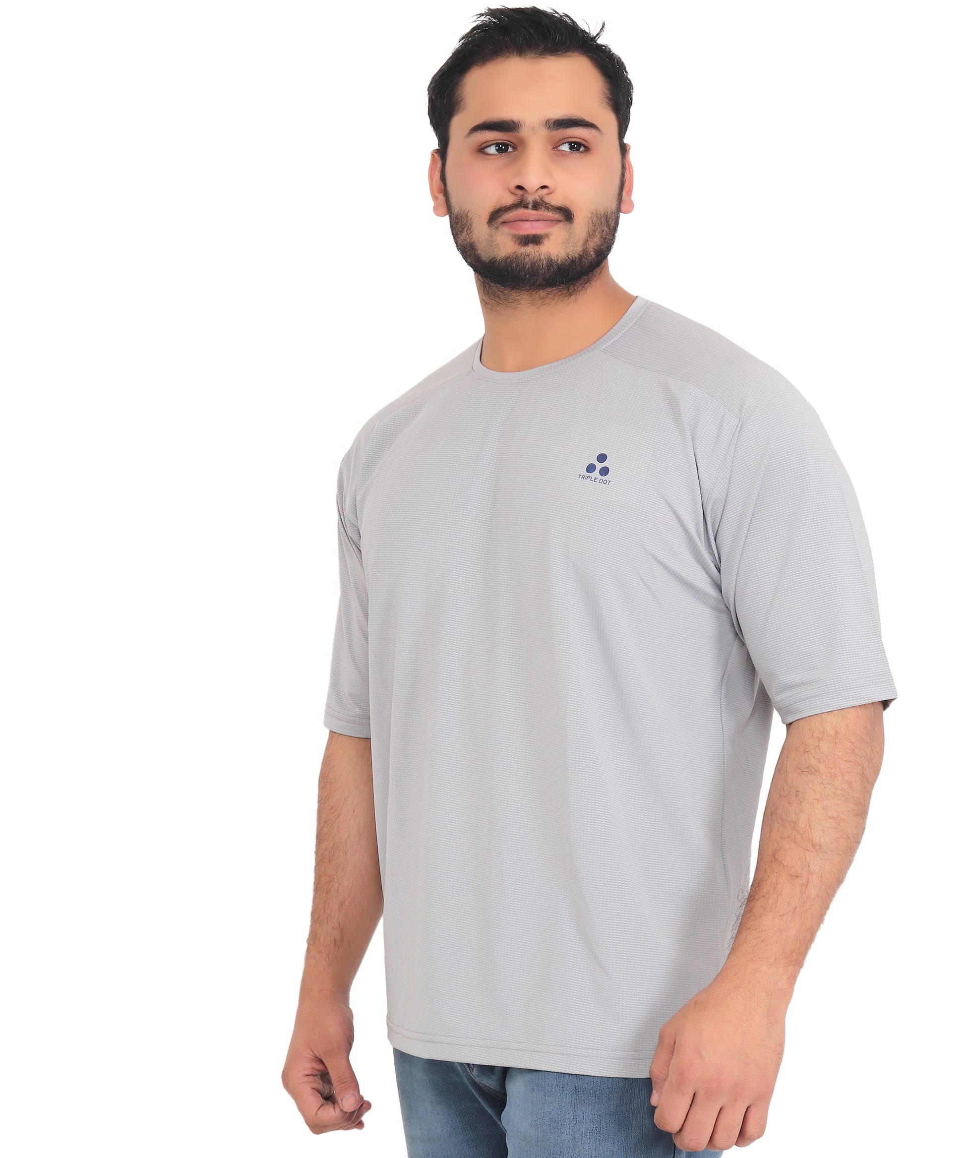 Triple Dot Light Grey Dri Fit Polyester Drop Shoulder Sports T shirt for Men - Triple Dot Clothings