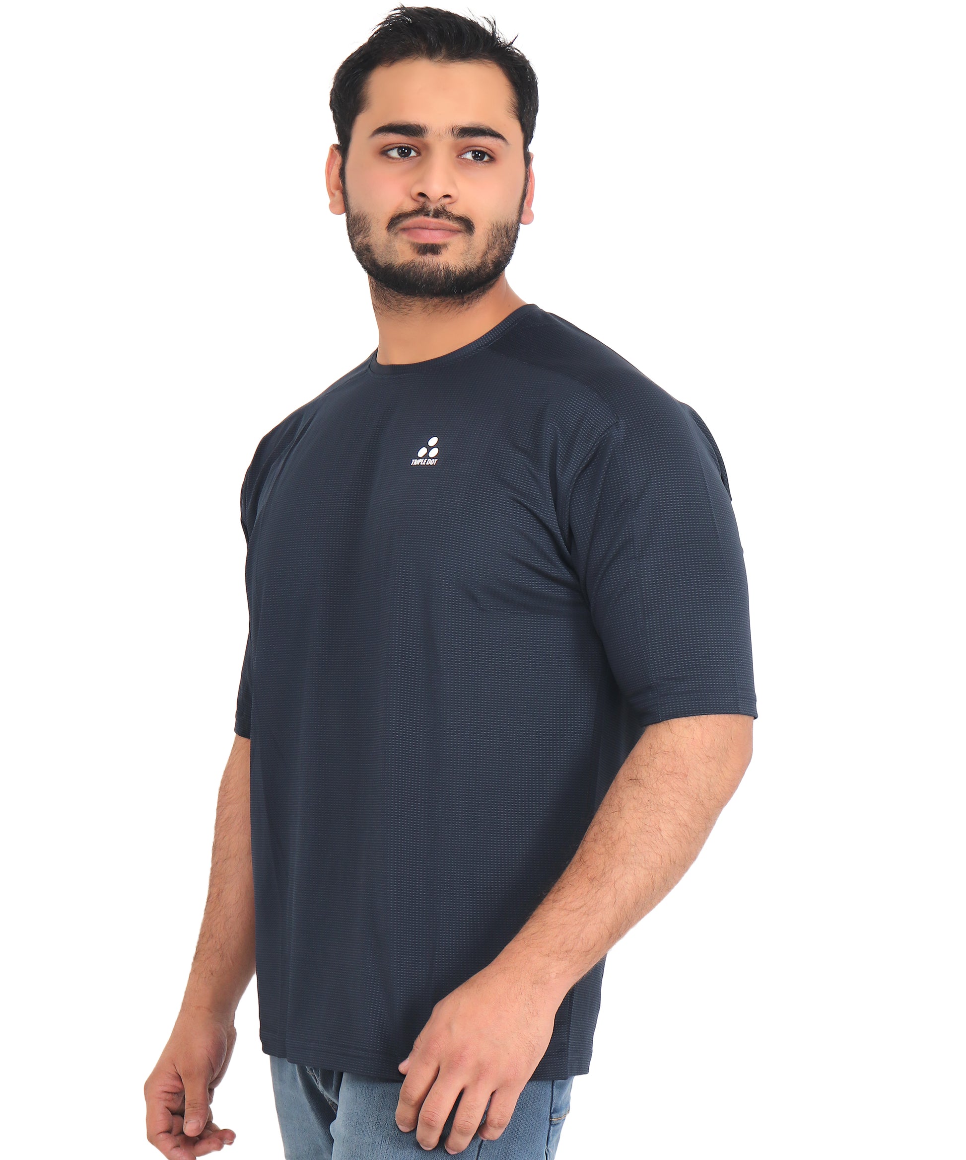 Triple Dot Navy Blue Dri Fit Polyester Drop Shoulder Sports T shirt for Men - Triple Dot Clothings