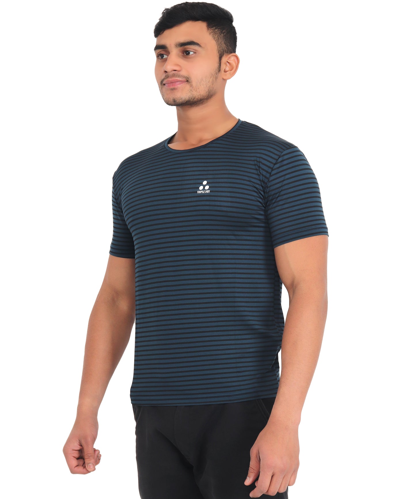 Triple Dot Navy Blue Strip Pattern Dri Fit Polyester T shirt for Men - Triple Dot Clothings
