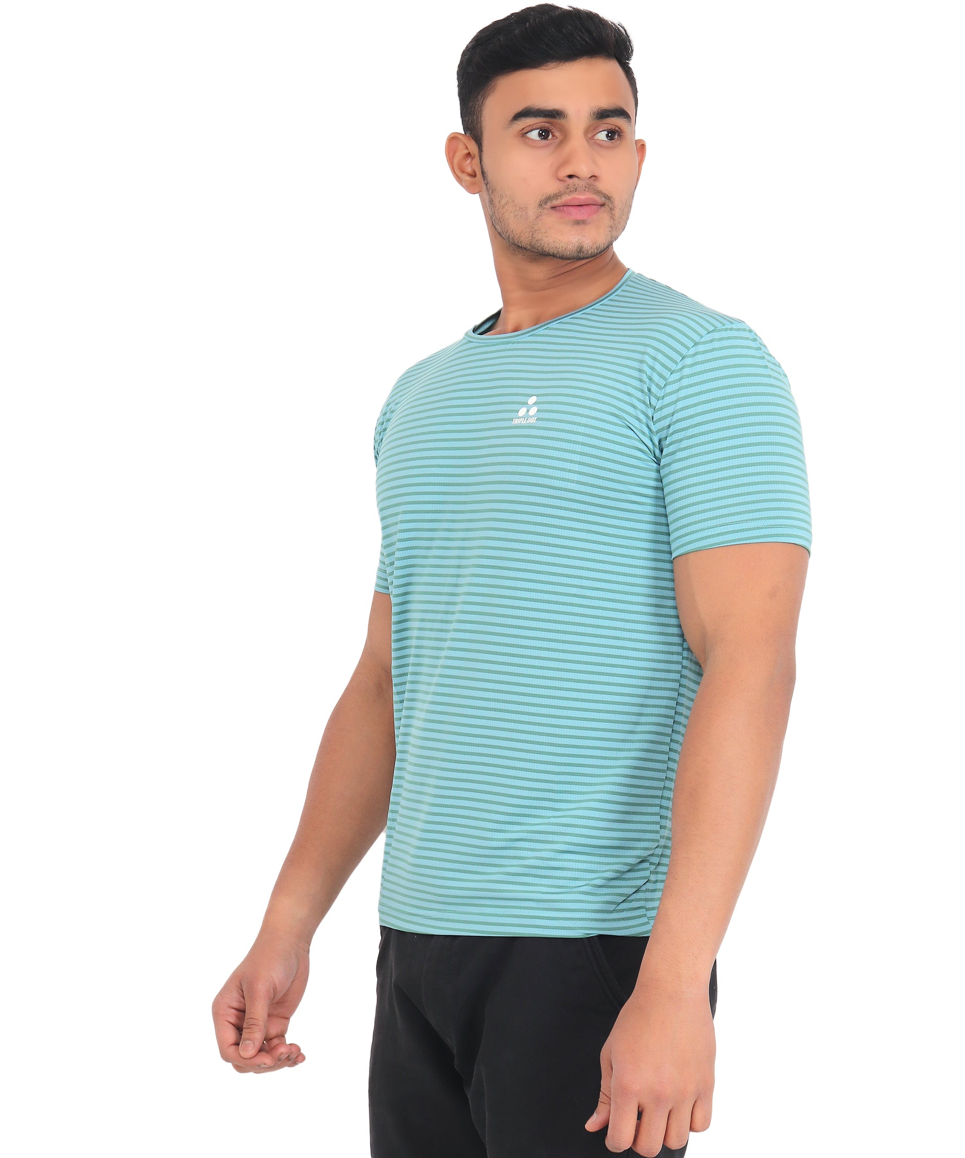 Triple Dot Sky Blue Strip Pattern Dri Fit Polyester T shirt for Men - Triple Dot Clothings