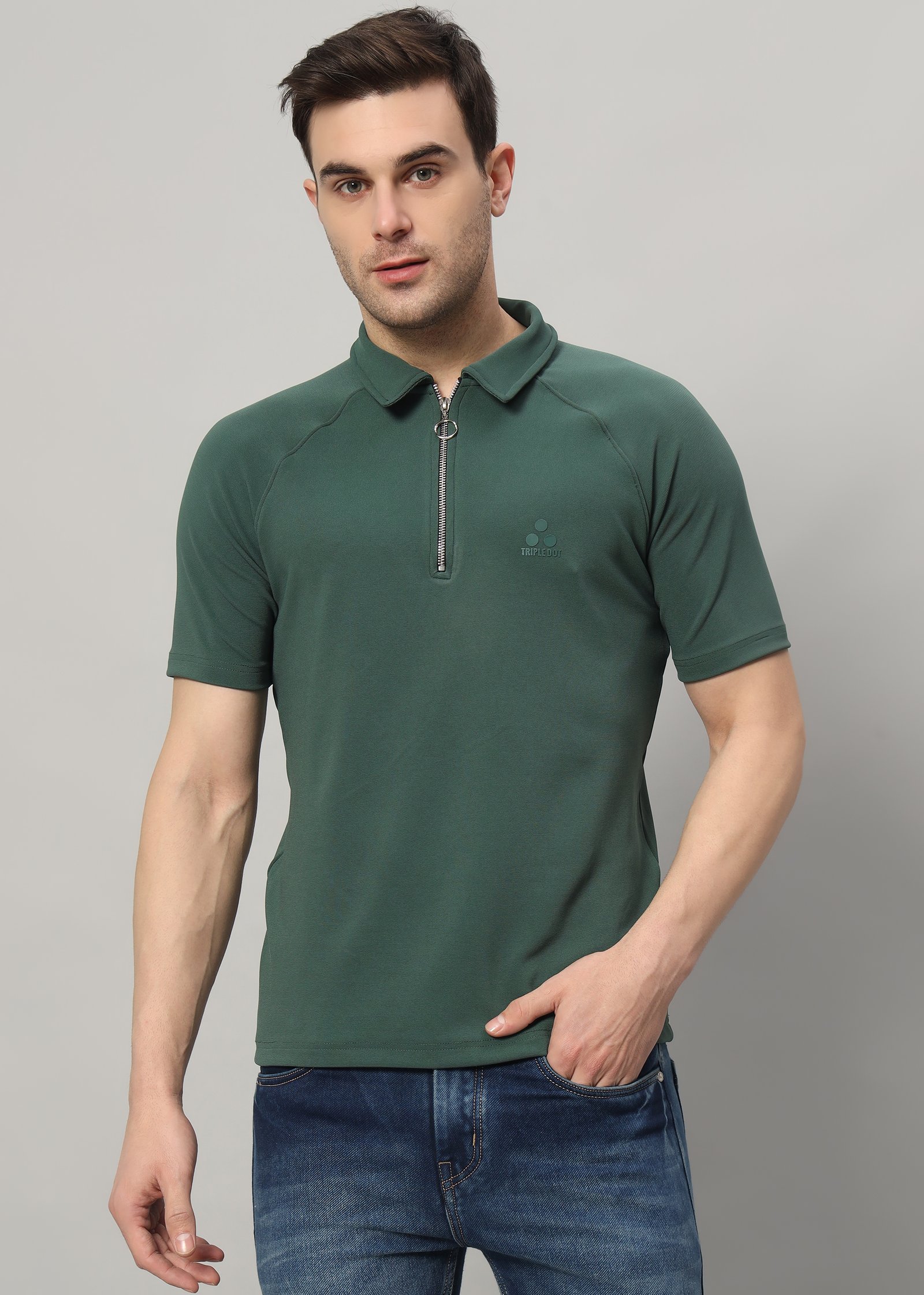 Men's Green Polyester Zipper Polo